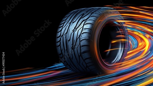 Abstract glowing tire on dynamic background with light trails