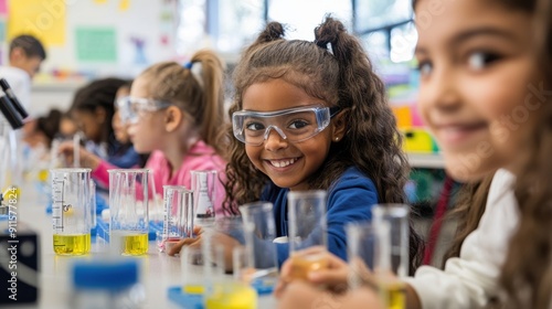 A bright and airy classroom filled with elementary students engaged in a hands-on science experiment, with test tubes, beakers, and safety goggles, under the guidance of an enthusiastic teacher,