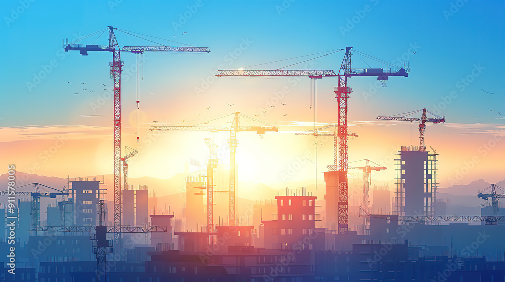 Attractive Building crane and construction site under blue sky. Attractive Building crane and construction site under blue sky.
