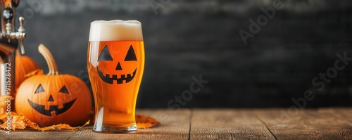 A festive Halloween scene featuring a pint of beer alongside carved pumpkins, perfect for autumn celebrations. photo