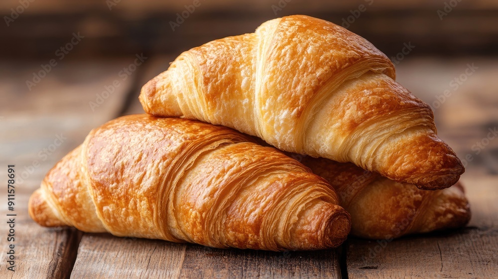 Croissants stacked on a rustic wooden table Croissants stacked on a rustic wooden table