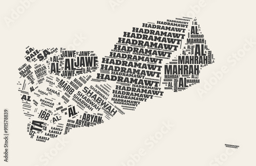 Yemen Word Cloud. Country with regions division. Yemen typographic text clouds vector image design. Vintage gazette style country shape image. Creative vector illustration.