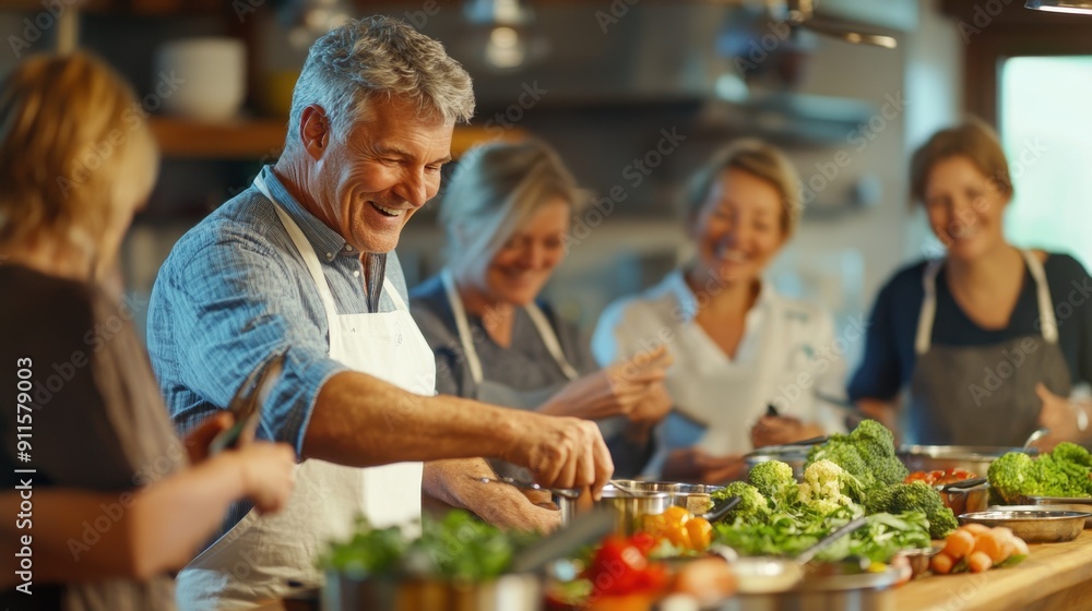 A group of middle-aged friends taking a cooking class together, gathered around a kitchen island with ingredients and utensils, a chef demonstrating techniques, laughter and camaraderie as they learn A group of middle-aged friends taking a cooking class together, gathered around a kitchen island with ingredients and utensils, a chef demonstrating techniques, laughter and camaraderie as they learn
