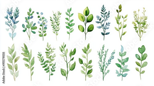 Watercolor collection of greenery foliage elements