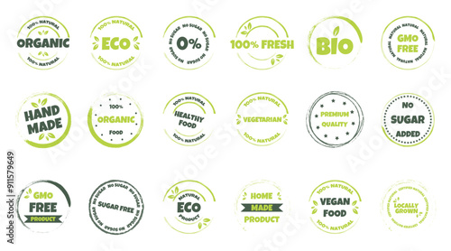 Big set of organic product badges in green colors white isolated background. Ecology icons and eco friendly products 