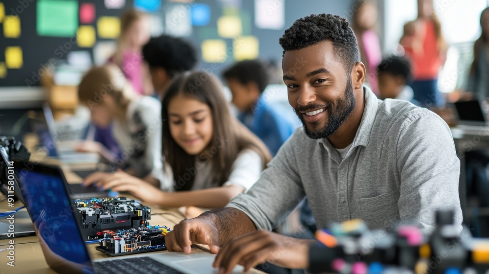 A lively scene in a technology classroom where students are immersed in a hands-on IT lesson, some working on coding projects on their laptops, others experimenting with robotics kits, a teacher
