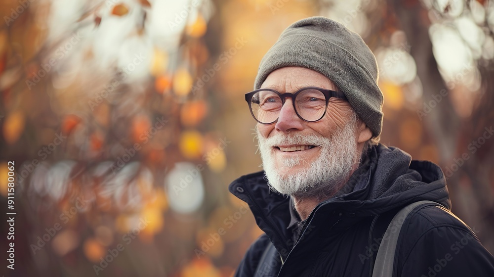 An Elderly Man Smiling Cheerfully During Autumn Walk in a Park An Elderly Man Smiling Cheerfully During Autumn Walk in a Park
