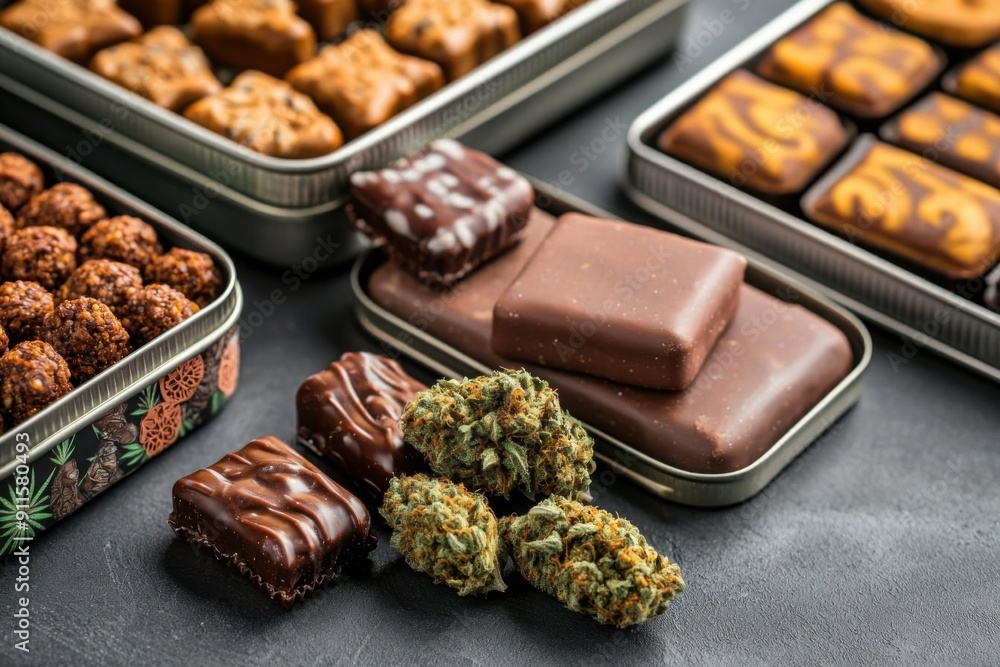 A variety of delectable chocolate treats and cannabis edibles arranged elegantly in metal containers on a dark background. A variety of delectable chocolate treats and cannabis edibles arranged elegantly in metal containers on a dark background.