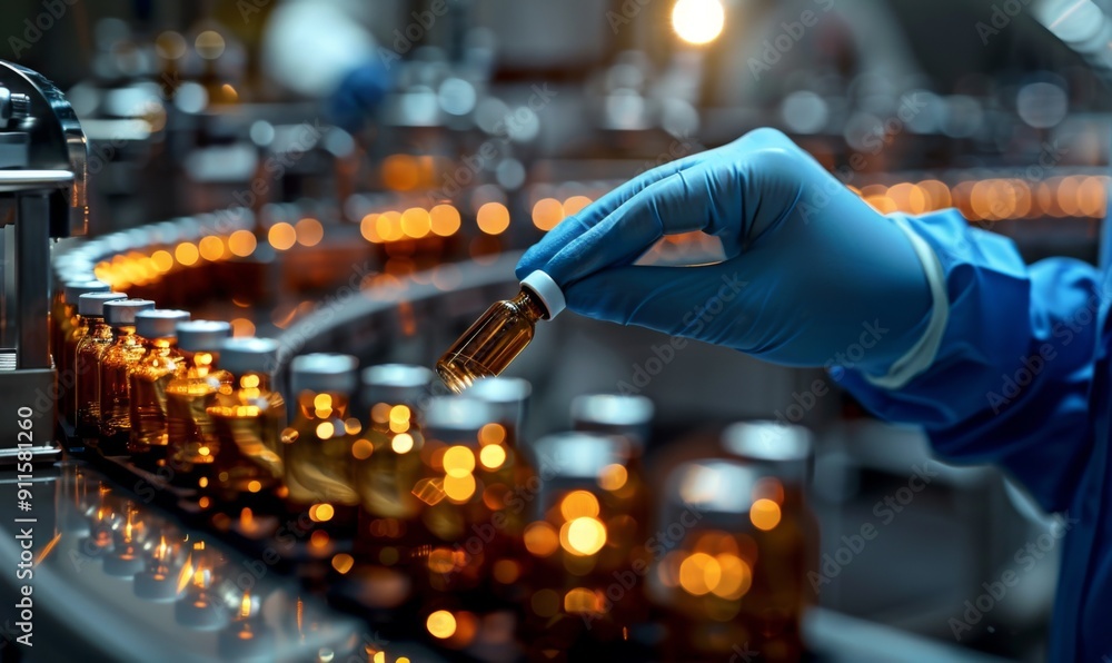Pharmaceutical Factory Scene: Pharmacist Scientist and Medical Vials Pharmaceutical Factory Scene: Pharmacist Scientist and Medical Vials