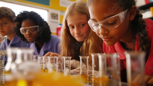 A vibrant and dynamic scene of a group of middle school students participating in a hands-on science experiment in a well-equipped classroom, with each student focused on measuring, mixing, and