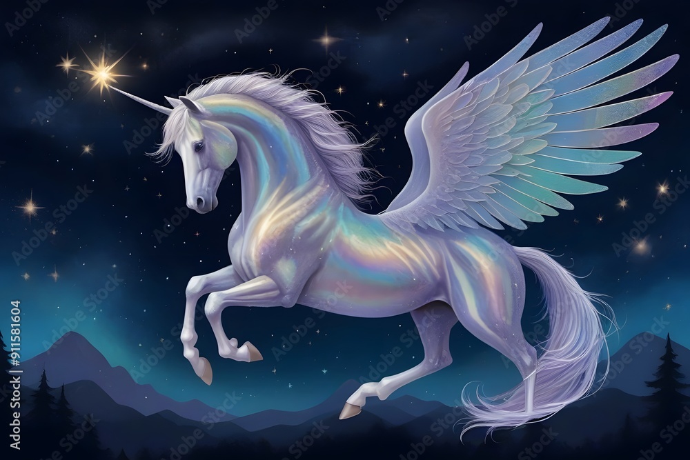 Magical Unicorn with Wings Flying Through a Starry Night Magical Unicorn with Wings Flying Through a Starry Night