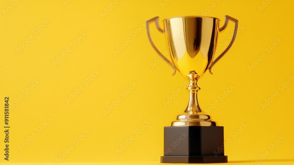 Golden trophy on yellow background symbolizing achievement success Golden trophy on yellow background symbolizing achievement success