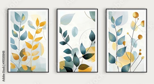 Three framed abstract paintings of leaves.