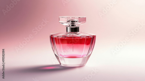 Stylish glass bottle of perfume placed on a white background