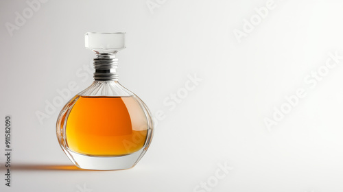 Stylish glass bottle of perfume placed on a white background