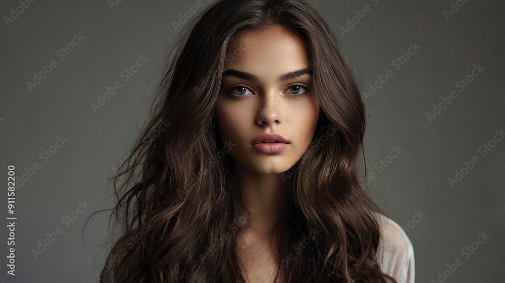 Fototapeta premium Young beautiful female fashion model with dark long wavy hair looking at camera