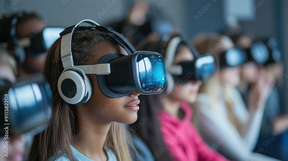 A lively and dynamic image of a group of students using VR headsets in a tech lab, each one exploring different virtual environments, with a teacher guiding them through the experience, the room A lively and dynamic image of a group of students using VR headsets in a tech lab, each one exploring different virtual environments, with a teacher guiding them through the experience, the room