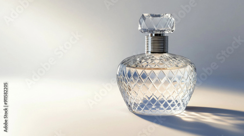 Stylish glass bottle of perfume placed on a white background
