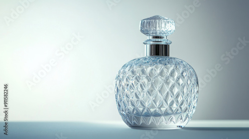Stylish glass bottle of perfume placed on a white background