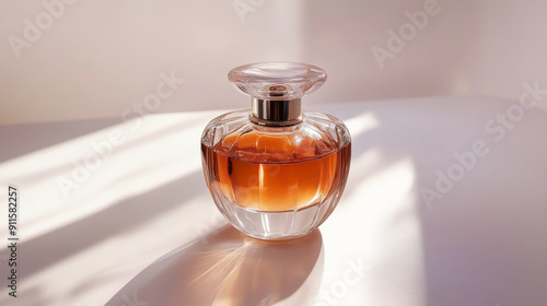 Stylish glass bottle of perfume placed on a white background