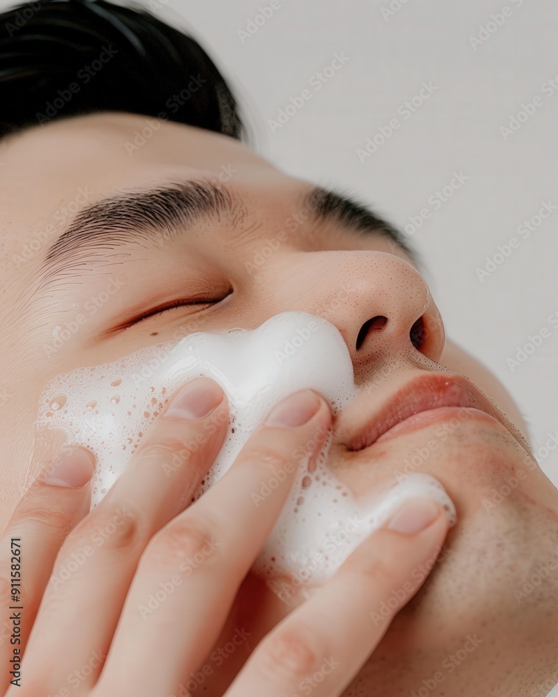 Fototapeta premium Beauty and cleanser Man washing face with a gentle cleanser, focusing on habitual skincare