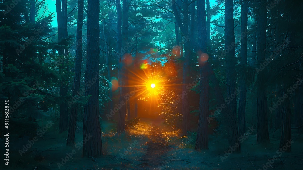 A radiant turquoise sunset gleaming through the forest, casting an ethereal glow A radiant turquoise sunset gleaming through the forest, casting an ethereal glow