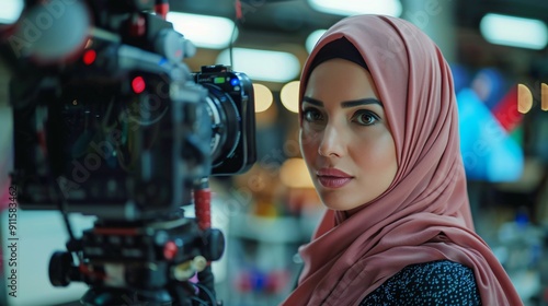 A Young Woman in a Pink Hijab Stands Before a Camera