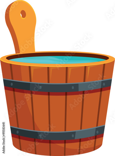 Wooden bucket is full of water, promising a refreshing experience in a sauna or bathhouse