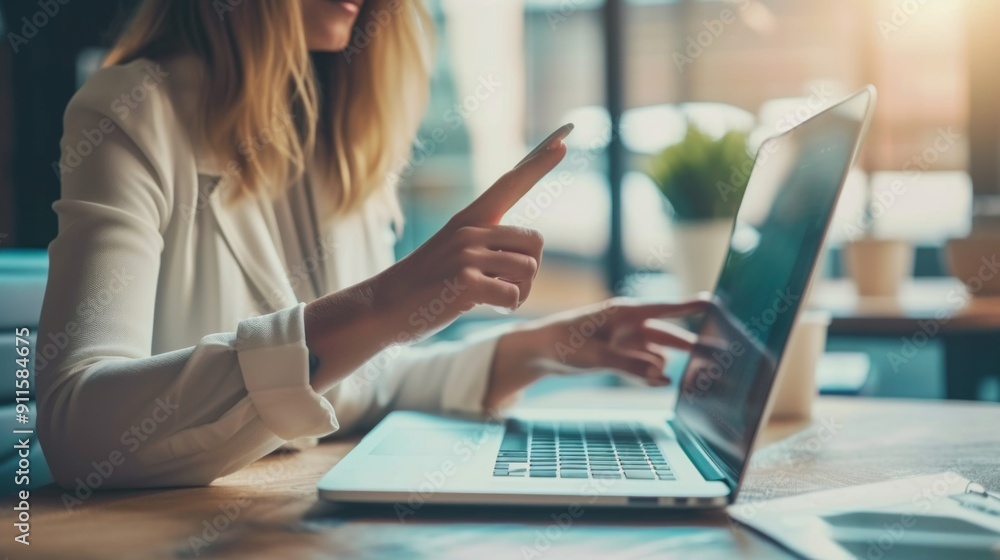 Businesswoman pointing at a laptop screen with a pen, explaining something during a virtual meeting or presentation Businesswoman pointing at a laptop screen with a pen, explaining something during a virtual meeting or presentation