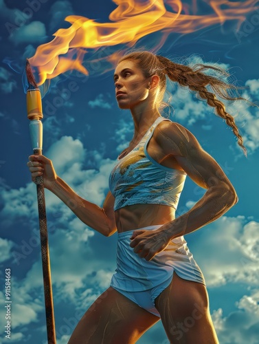 AthlÃ¨te fÃ©minine portant la torche de la flamme olympique sous un grand ciel bleu photo