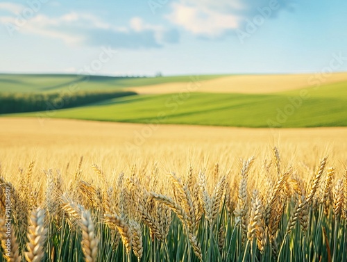 Golden wheat field bordering a lush green pasture, showcasing the contrast between agriculture 