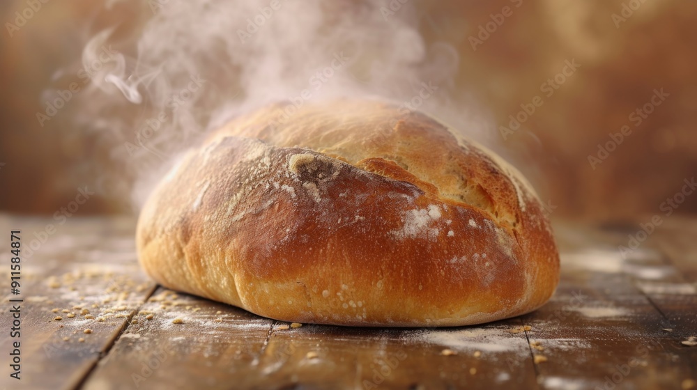 Close-up shot of a loaf of freshly baked bread, with a golden crust and steam rising, placed on a rustic wooden surface. Close-up shot of a loaf of freshly baked bread, with a golden crust and steam rising, placed on a rustic wooden surface.