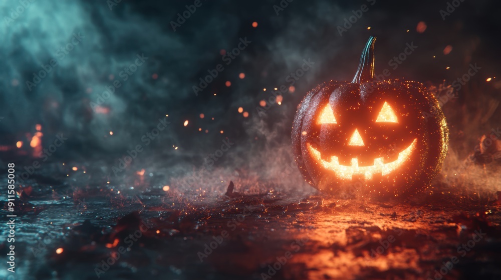 Naklejka premium Glowing jack-o'-lantern in spooky Halloween night