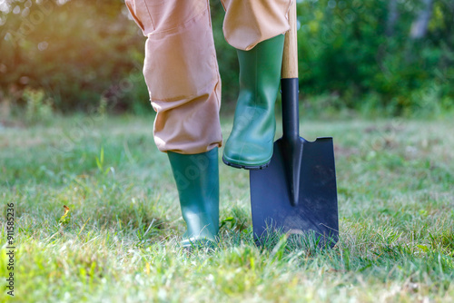 Female legs in green rubber boots and digging with  a spade. Autumn work and cleaning in the garden on a sunny warm autumn day. photo