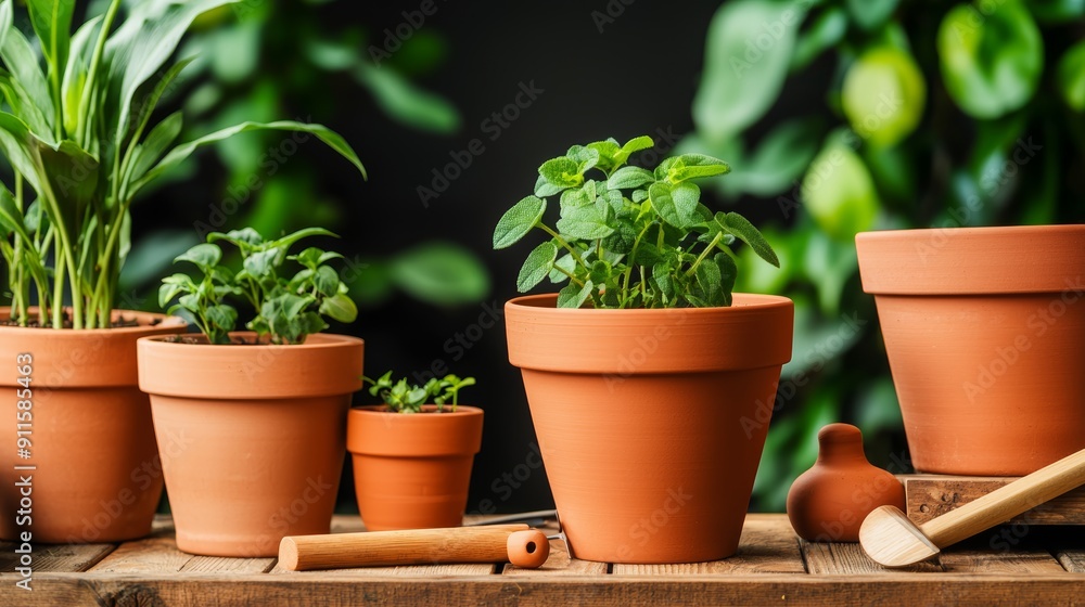 A cozy greenhouse with a wooden potting bench, terracotta pots, and gardening tools A cozy greenhouse with a wooden potting bench, terracotta pots, and gardening tools
