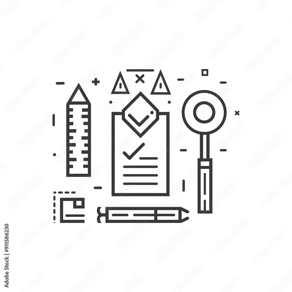 Line art illustration of a checklist with pencil ruler and magnifying glass Line art illustration of a checklist with pencil ruler and magnifying glass
