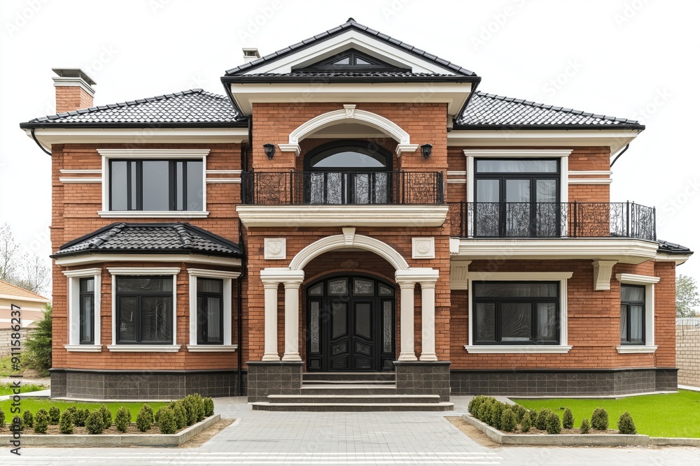 Front view of a luxury brickwall house isolated on a white background Front view of a luxury brickwall house isolated on a white background