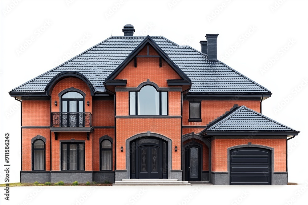 Front view of a luxury brickwall house isolated on a white background Front view of a luxury brickwall house isolated on a white background