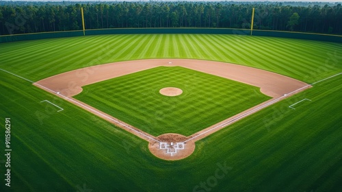 Aerial view of a baseball field with distinct infield lines and lush green grass, sports facility, field maintenance