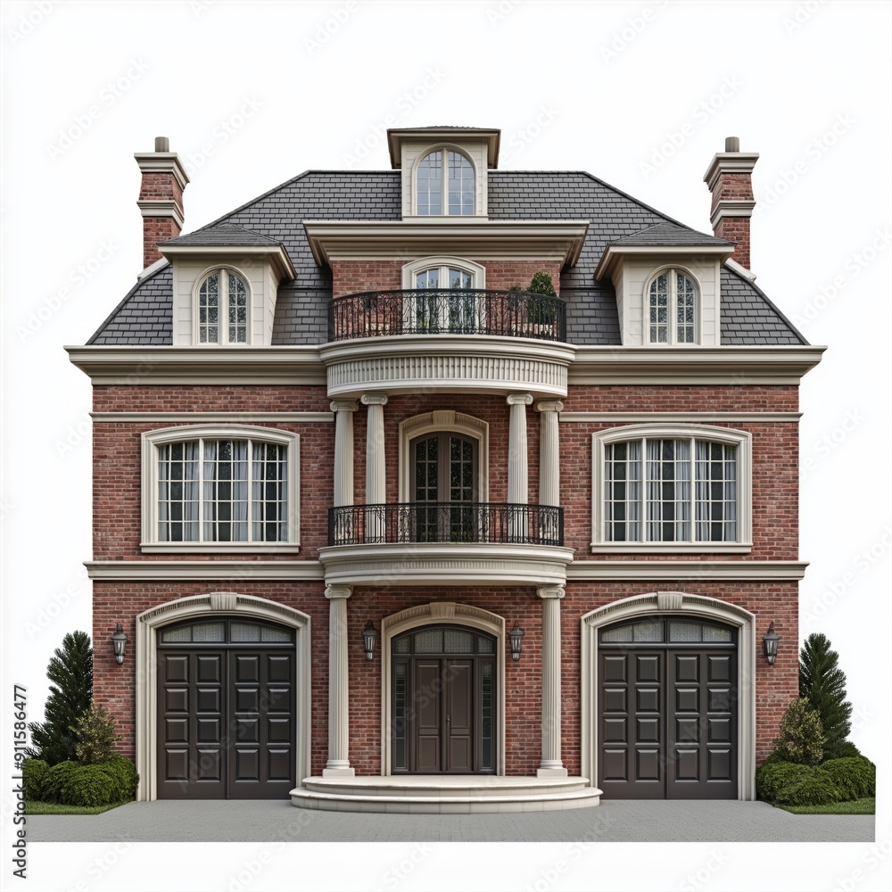 Fototapeta premium Front view of a luxury brickwall house isolated on a white background