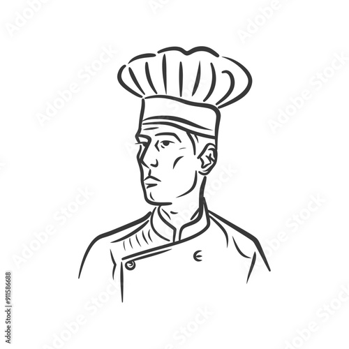 Line Art Illustration of a Chef Wearing a Tall Hat