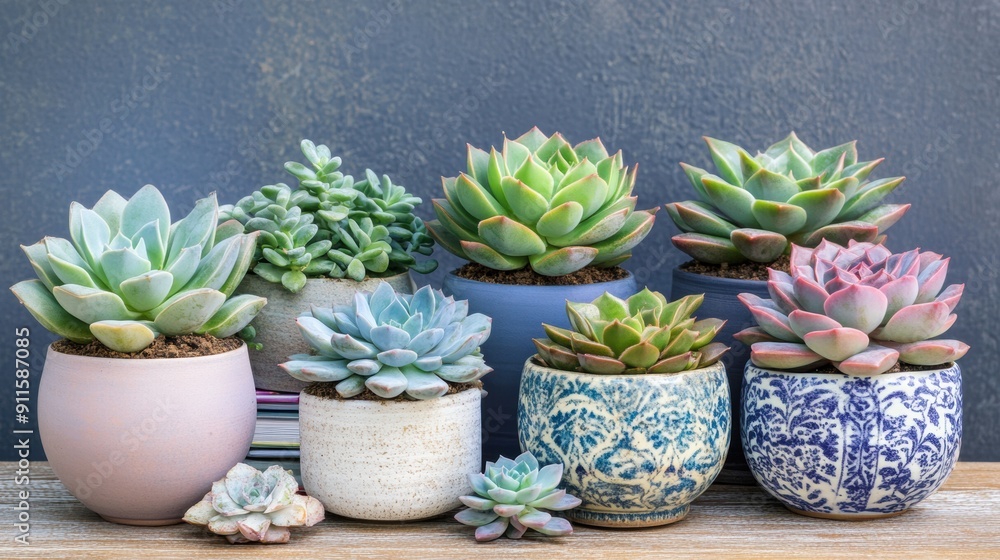 Collection of succulents in decorative pots on wooden shelf Collection of succulents in decorative pots on wooden shelf