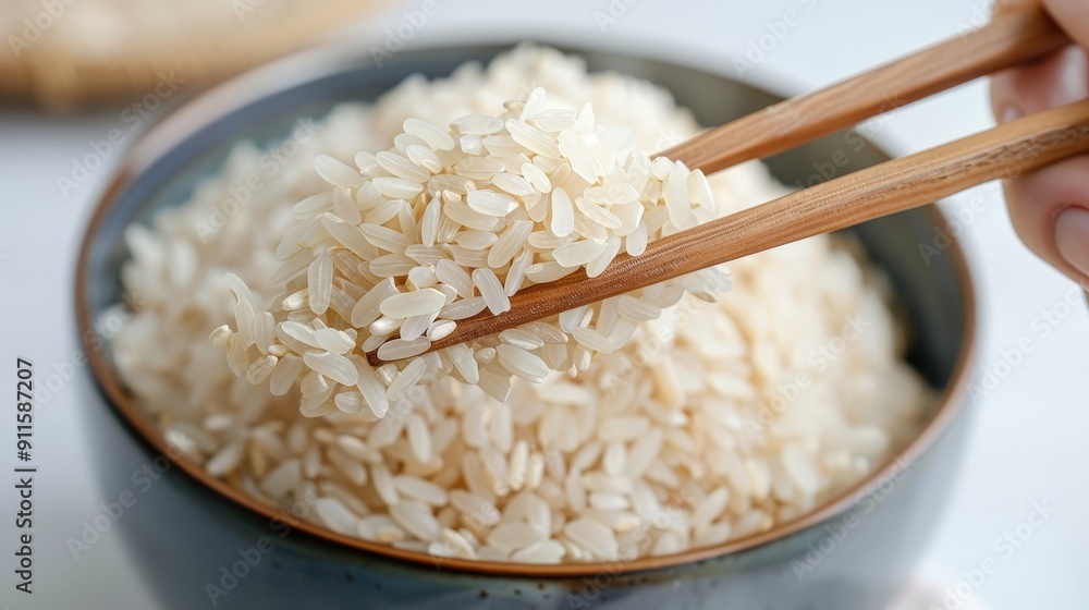 Eating wholegrain rice kernels, emphasizing ecofriendly and nutritious diet Eating wholegrain rice kernels, emphasizing ecofriendly and nutritious diet
