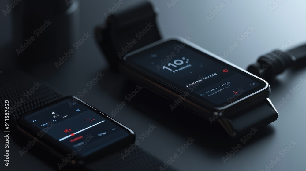 Detailed shot of a black fitness watch and smartphone, focusing on the activity tracker screen with selective focus. Detailed shot of a black fitness watch and smartphone, focusing on the activity tracker screen with selective focus.