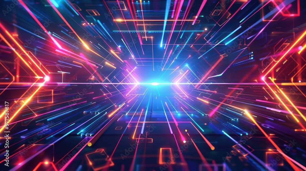 Obraz premium Futuristic digital abstract background with glowing neon lights and geometric patterns
