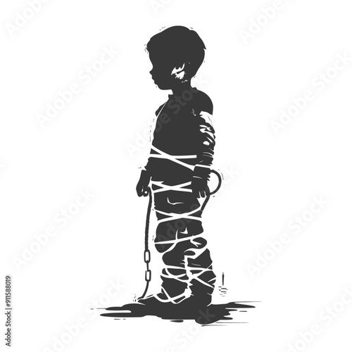 Silhouette of a child bound with ropes and chains
