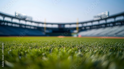 Expansive view of a baseball stadium with empty seats and a clear day, ready for the match, sports arena