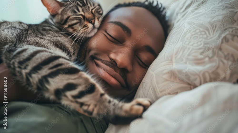 Handsome Black Man Bonding with Bengal Cat While Telecommuting Handsome Black Man Bonding with Bengal Cat While Telecommuting