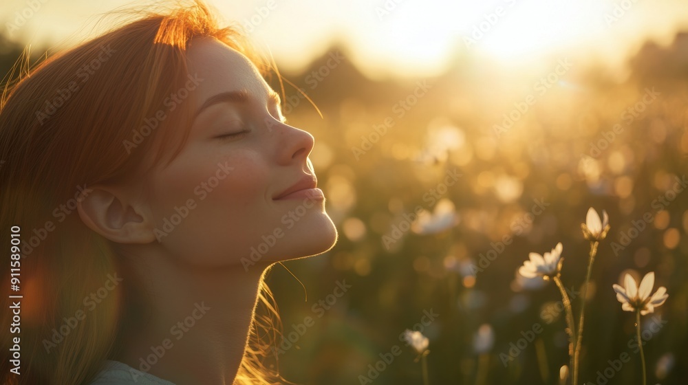 Serene woman enjoying golden sunset in field of flowers Serene woman enjoying golden sunset in field of flowers