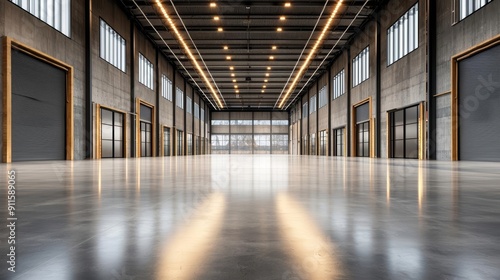 Wallpaper Mural Modern warehouse with polished concrete floors and high ceilings, brightly lit with LED lights, expansive industrial space Torontodigital.ca